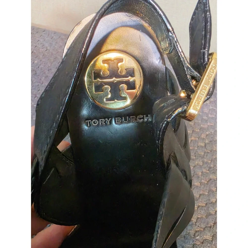 Tory Burch Black Leather Strappy Cork Platform Wedge Sandals Gold Logo 8M